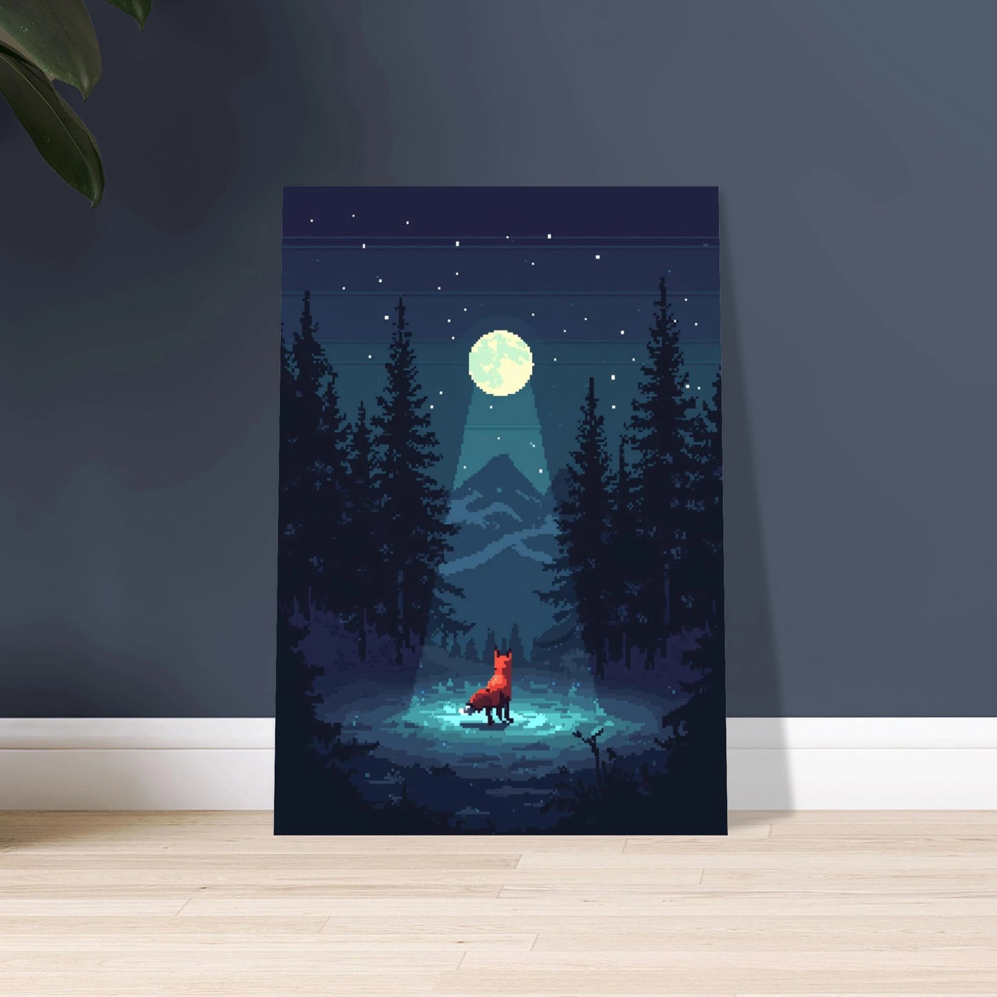 Räv i nordisk skogsglänta under månsken, pixelkonst, nattmotiv