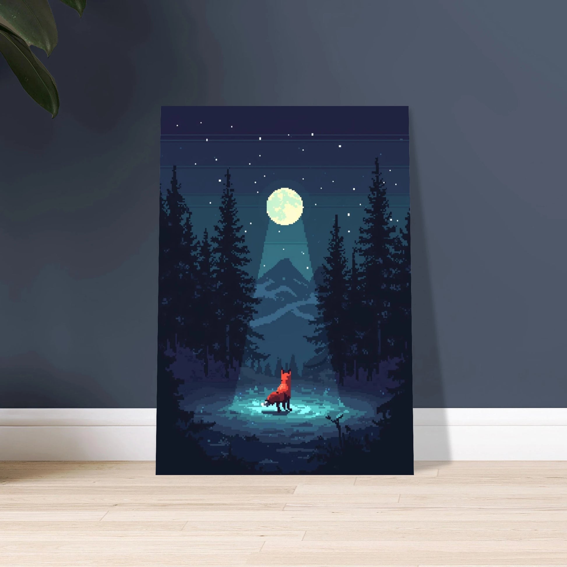 Räv i nordisk skogsglänta under månsken, pixelkonst, nattmotiv