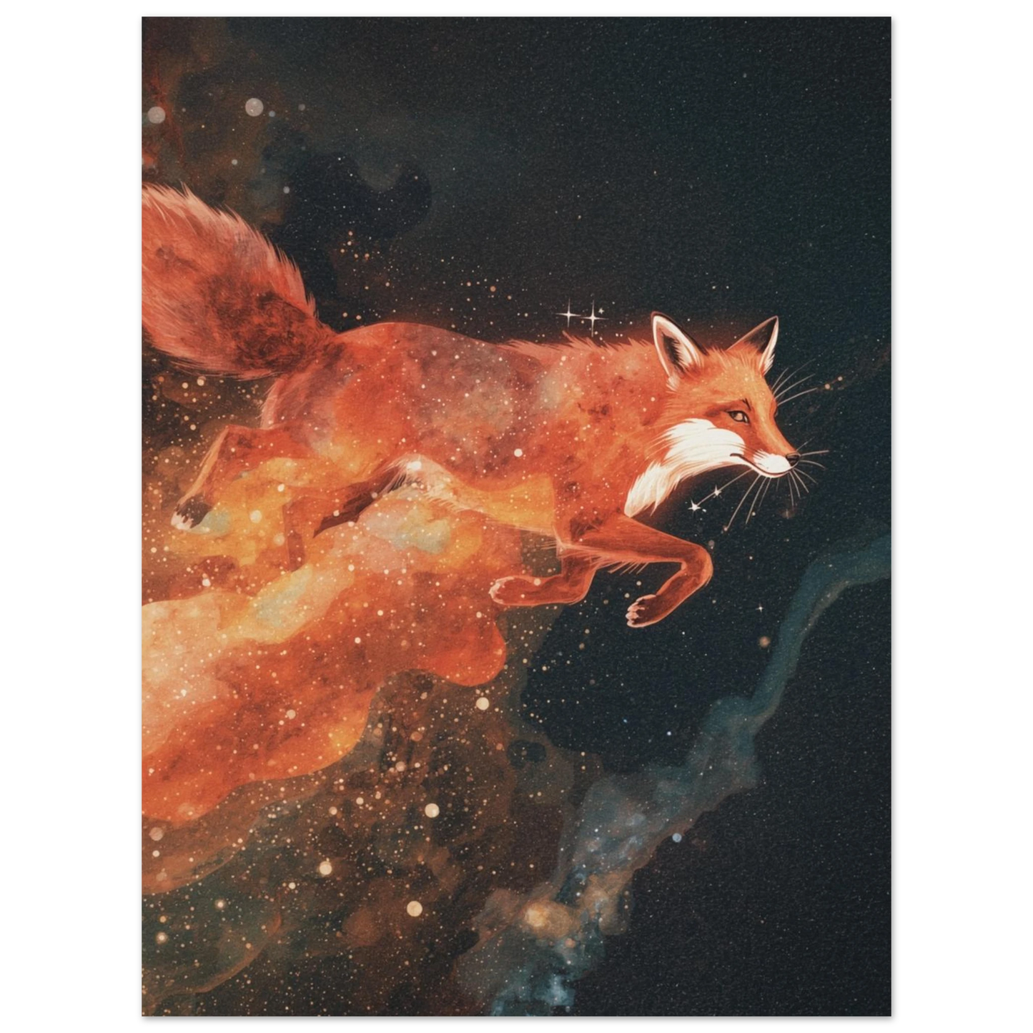 Eterisk illustration av en räv i kosmiskt sken med stjärnstoft