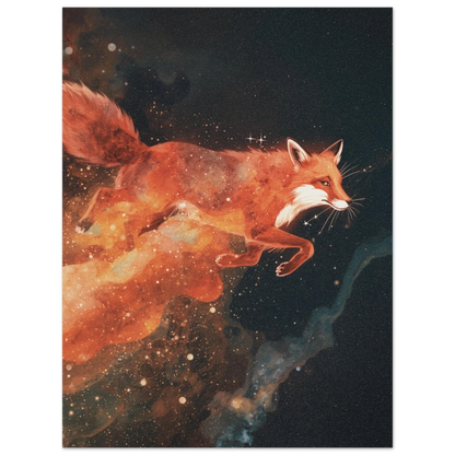 Eterisk illustration av en räv i kosmiskt sken med stjärnstoft