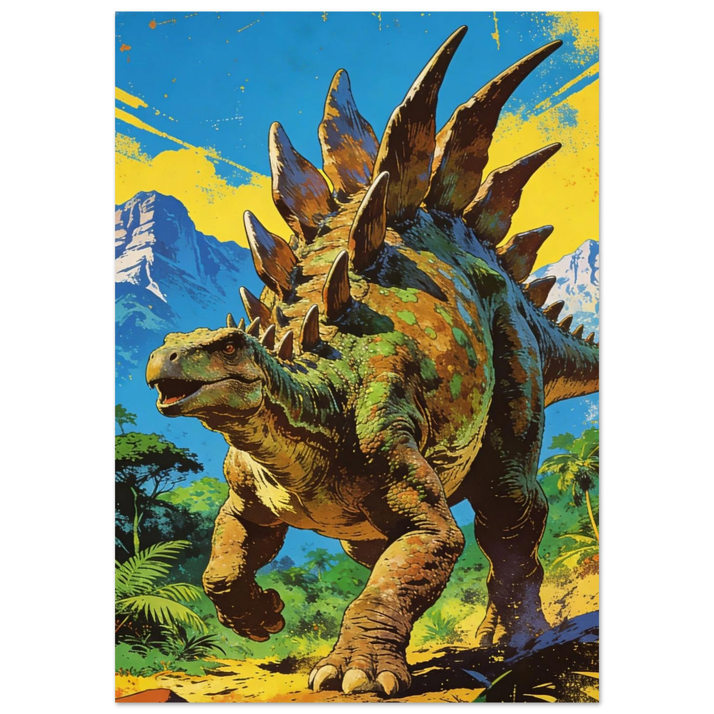 Färgstark retro Stegosaurus poster med blå och gul himmel som huvudmotiv