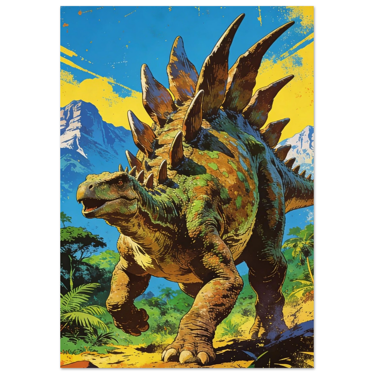 Färgstark retro Stegosaurus poster med blå och gul himmel som huvudmotiv