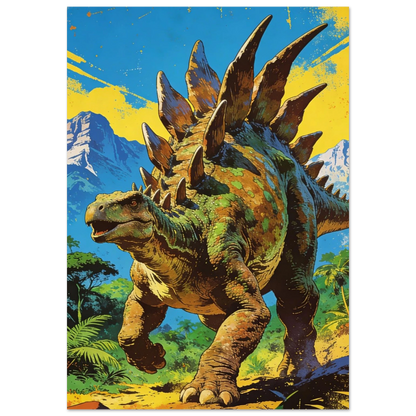Färgstark retro Stegosaurus poster med blå och gul himmel som huvudmotiv