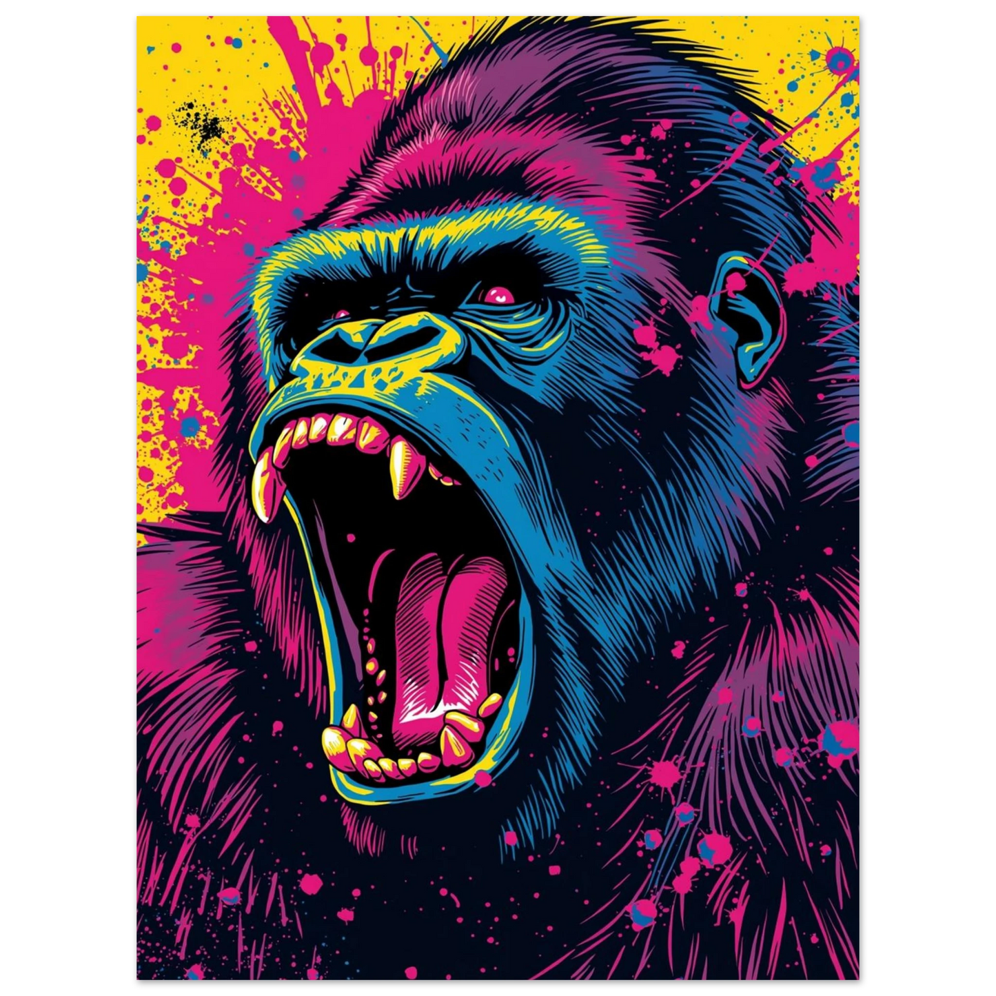 Popart gorilla i blå och lila toner brölar mot en stänkig gul bakgrund – Tecknad poster