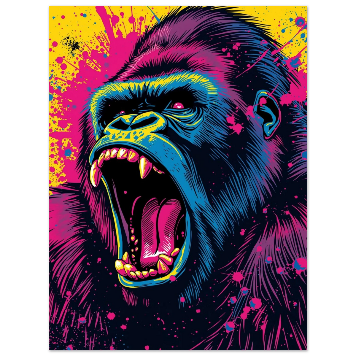 Popart gorilla i blå och lila toner brölar mot en stänkig gul bakgrund – Tecknad poster
