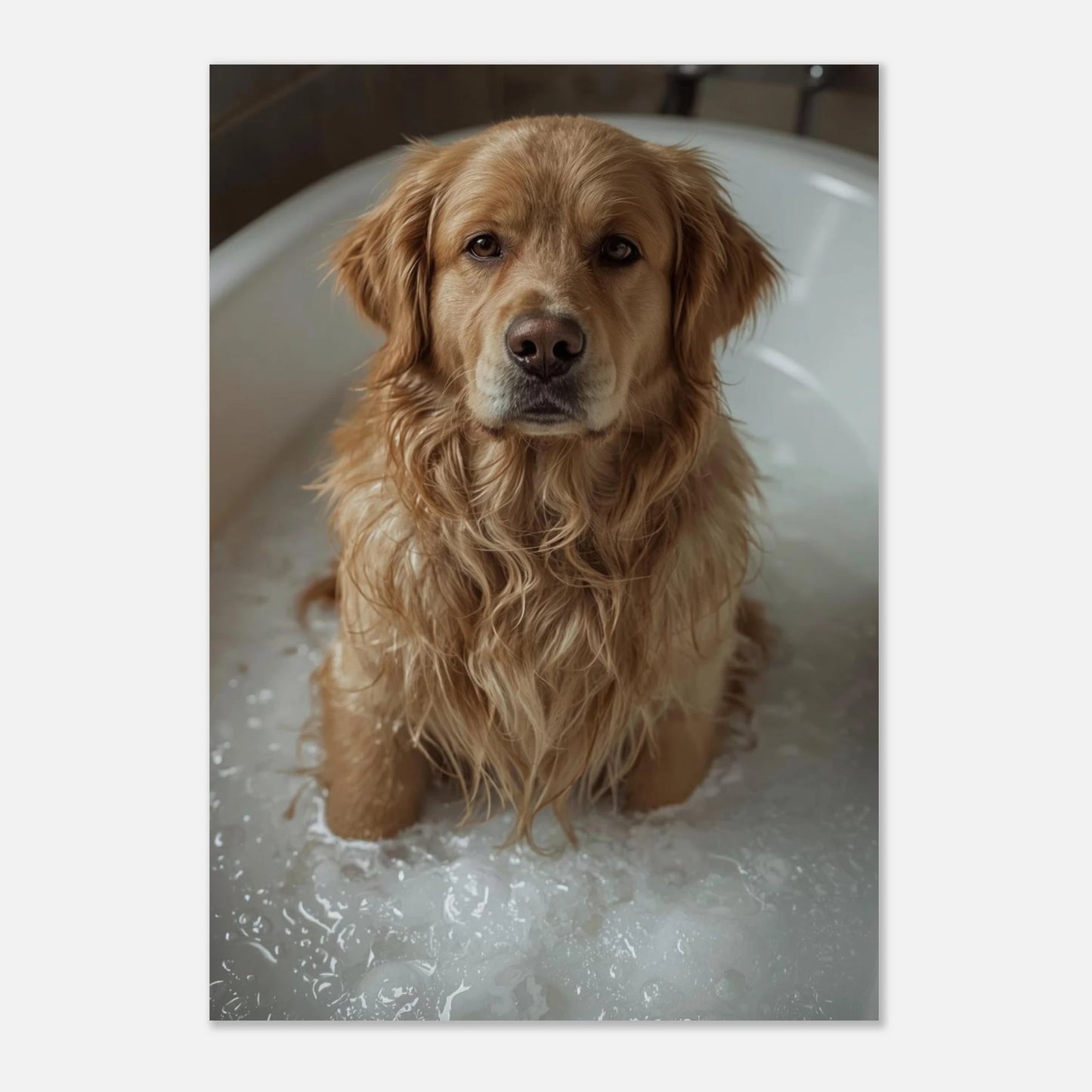 Charmig hundtavla med en Golden Retriever som badar, mjuka färger