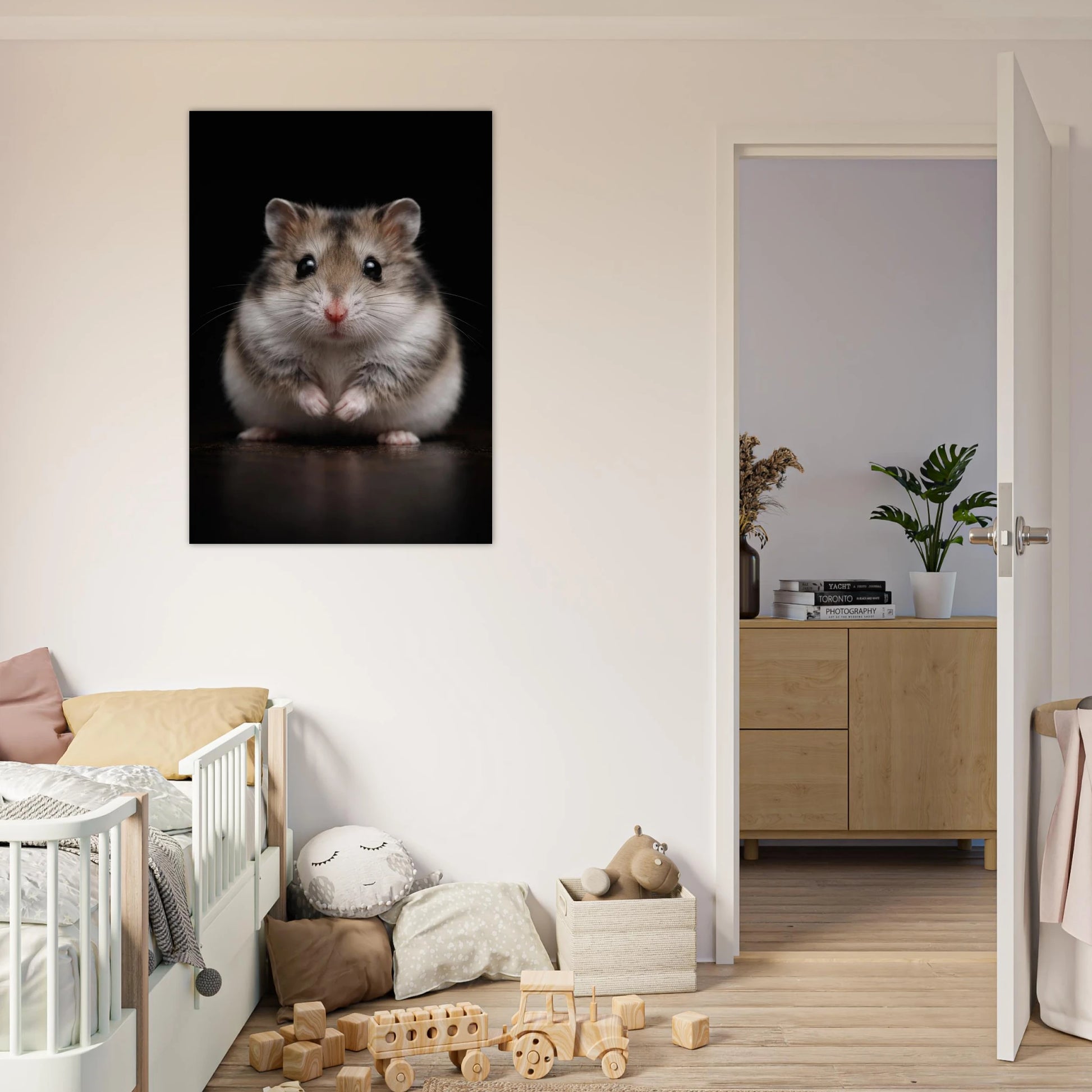 Mörk tavla med sibirisk dvärghamster upphängd i barnrum – Fotorealistisk poster
