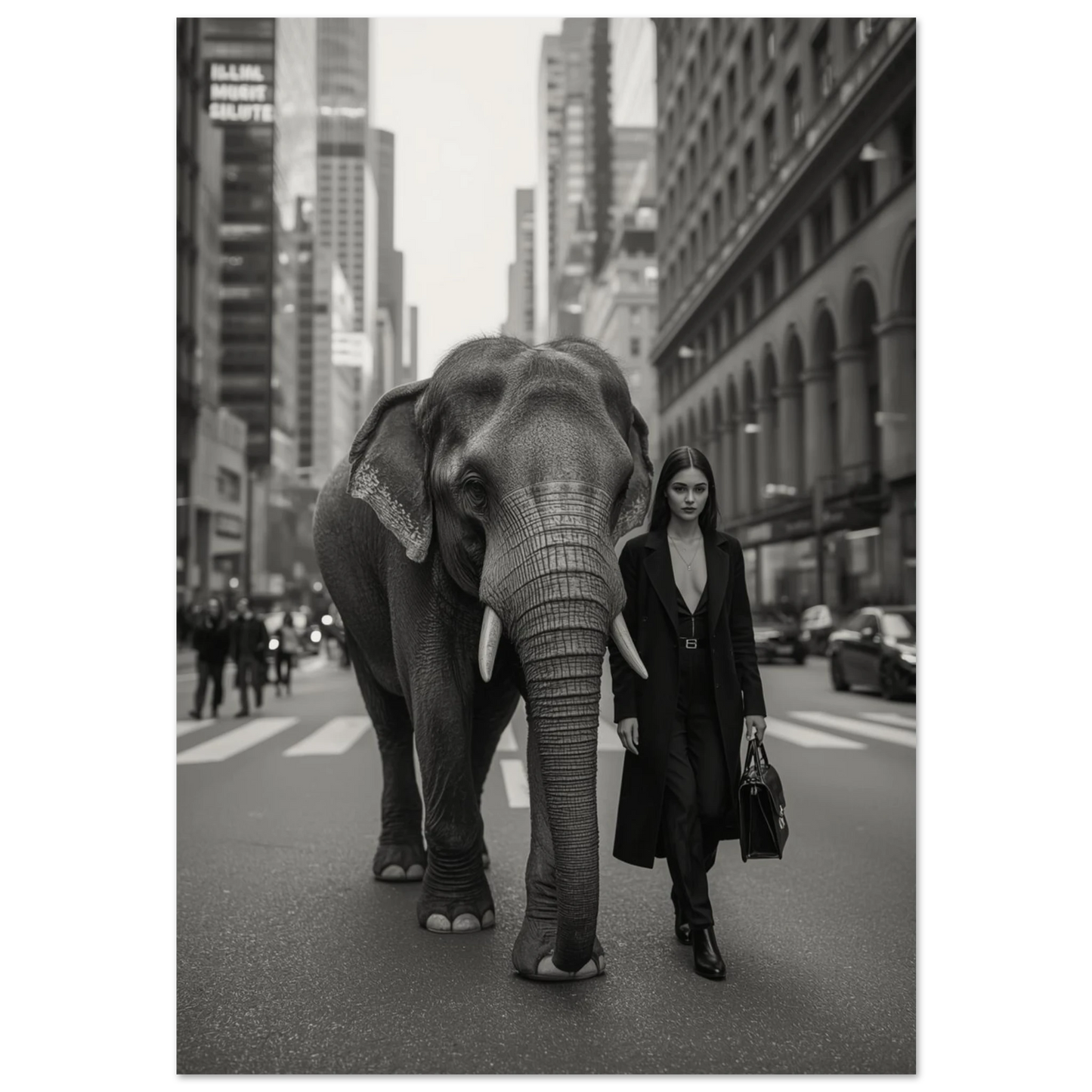 Elefant och kvinna i svart kappa på storstadsgata – svartvit fotokonst