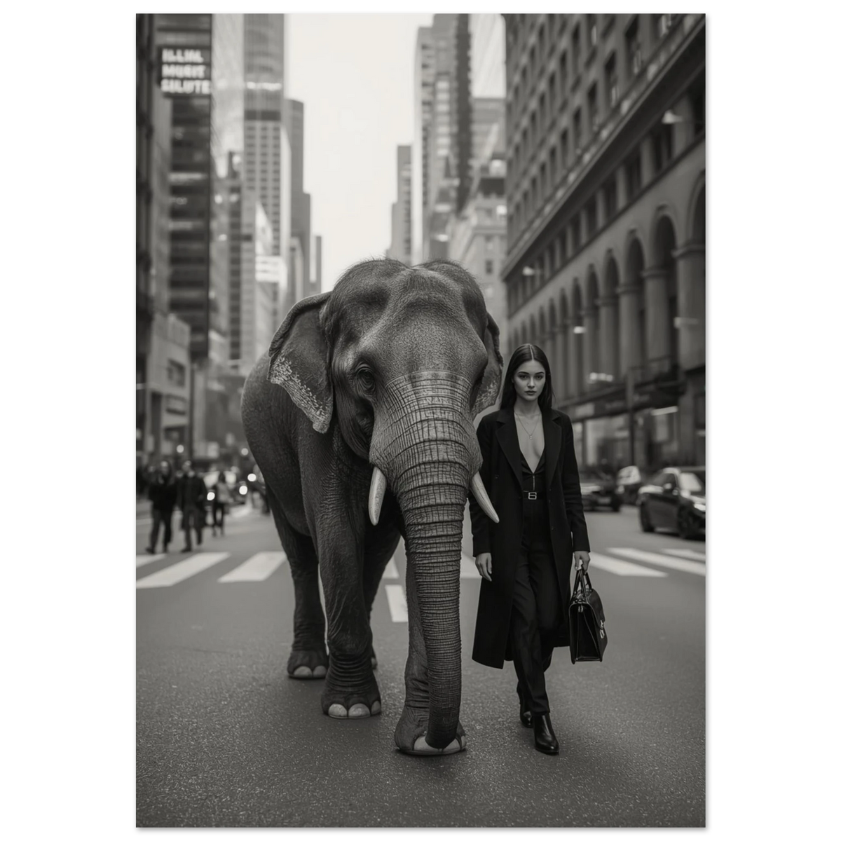 Elefant och kvinna i svart kappa på storstadsgata – svartvit fotokonst