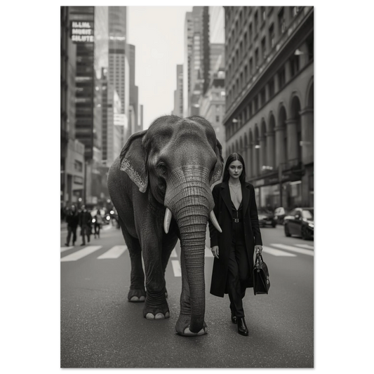 Elefant och kvinna i svart kappa på storstadsgata – svartvit fotokonst