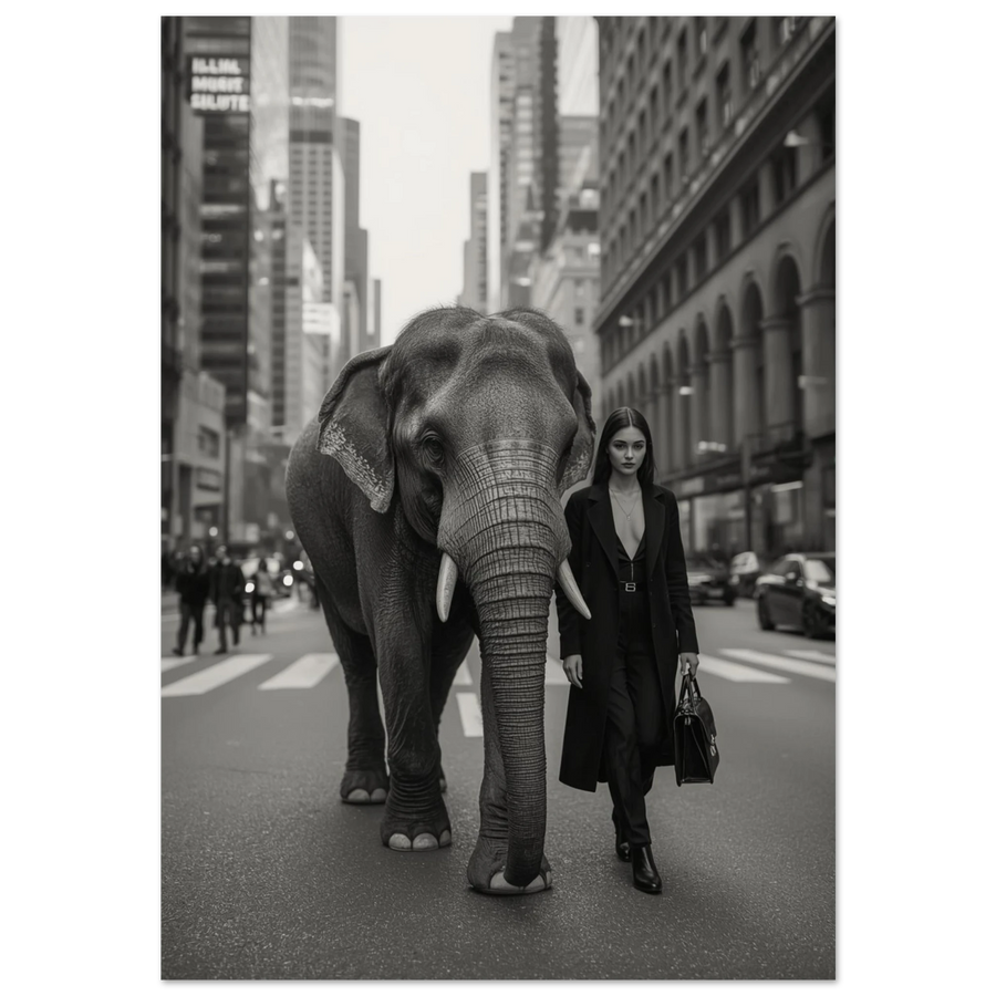 Elefant och kvinna i svart kappa på storstadsgata – svartvit fotokonst