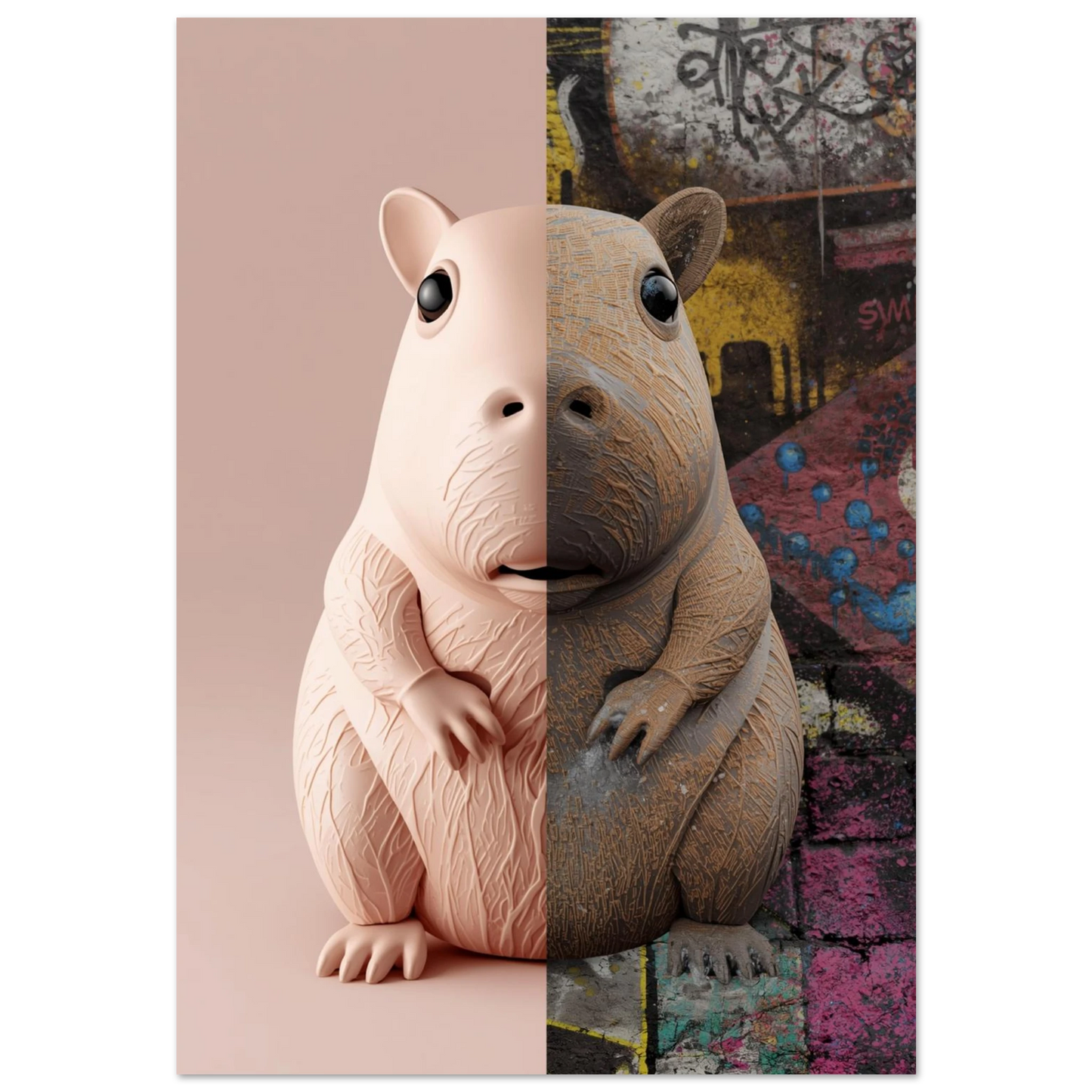Kapybara i delad design mellan rosa minimalism och färgstark graffiti – modern djurposter