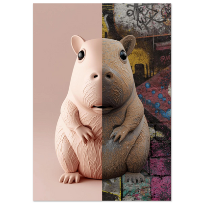 Kapybara i delad design mellan rosa minimalism och färgstark graffiti – modern djurposter