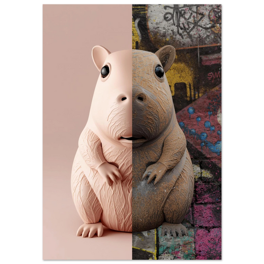 Kapybara i delad design mellan rosa minimalism och färgstark graffiti – modern djurposter