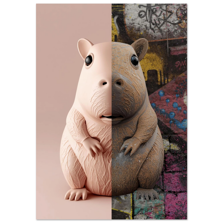 Kapybara i delad design mellan rosa minimalism och färgstark graffiti – modern djurposter