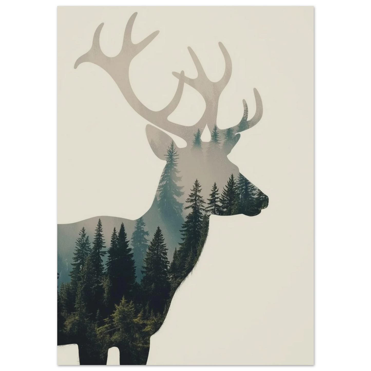 Ståtlig kronhjort som smälter samman med tät barrskog, grafisk poster