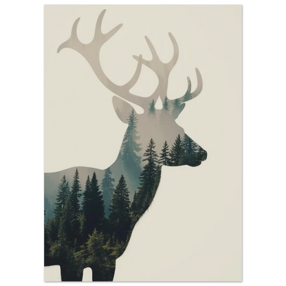 Ståtlig kronhjort som smälter samman med tät barrskog, grafisk poster