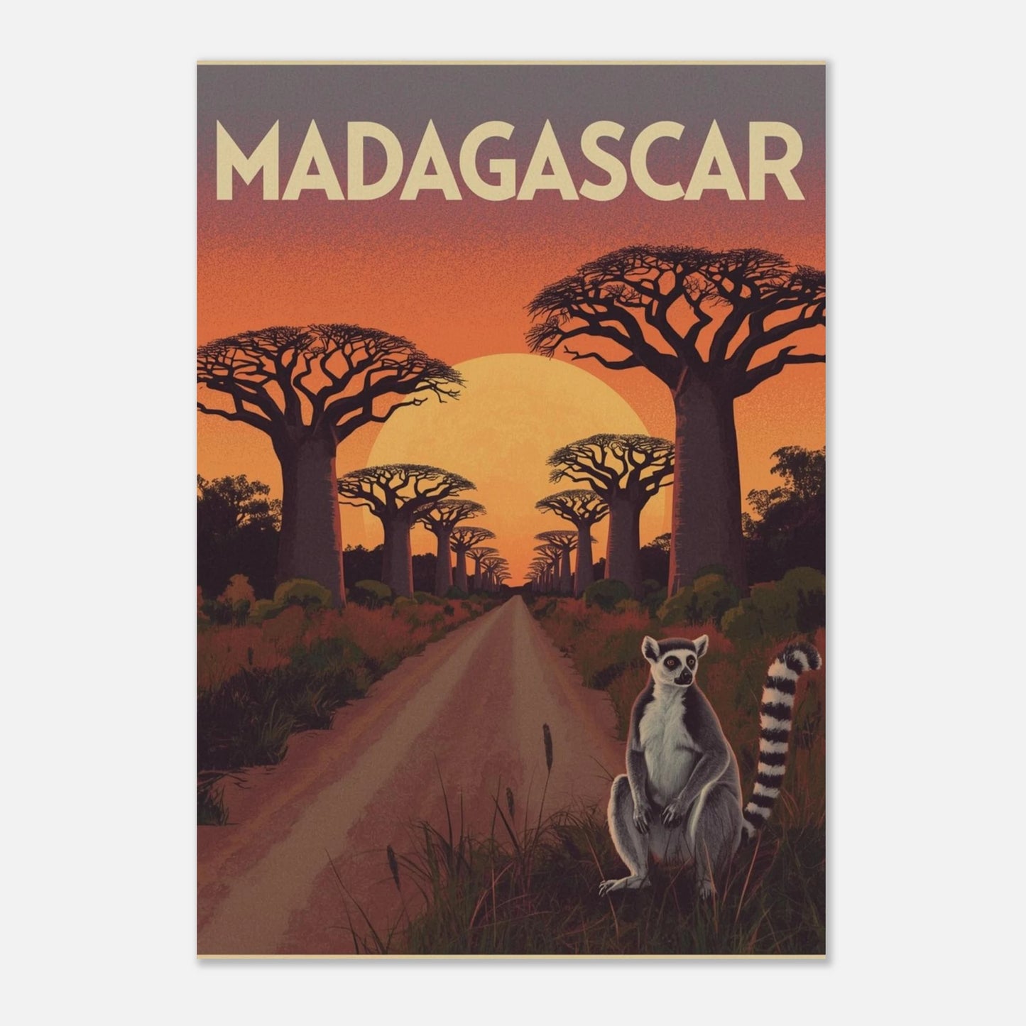 Lemurposter i retrostil med varma toner och klassiskt Madagaskar-tema