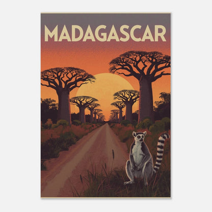 Lemurposter i retrostil med varma toner och klassiskt Madagaskar-tema