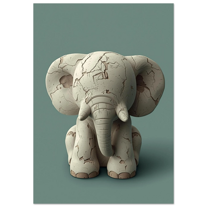 Skulptural elefant med sprucken textur på salviagrön bakgrund, konstnärlig djurposter