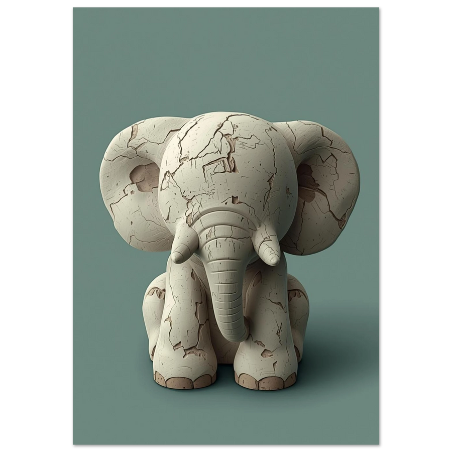 Skulptural elefant med sprucken textur på salviagrön bakgrund, konstnärlig djurposter