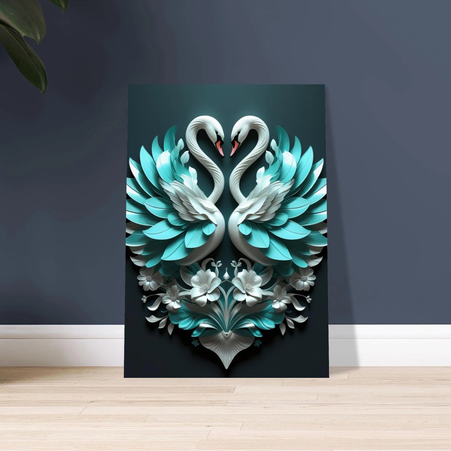 Svanar som bildar ett hjärta, elegant och symmetriskt djurmotiv med blommor.