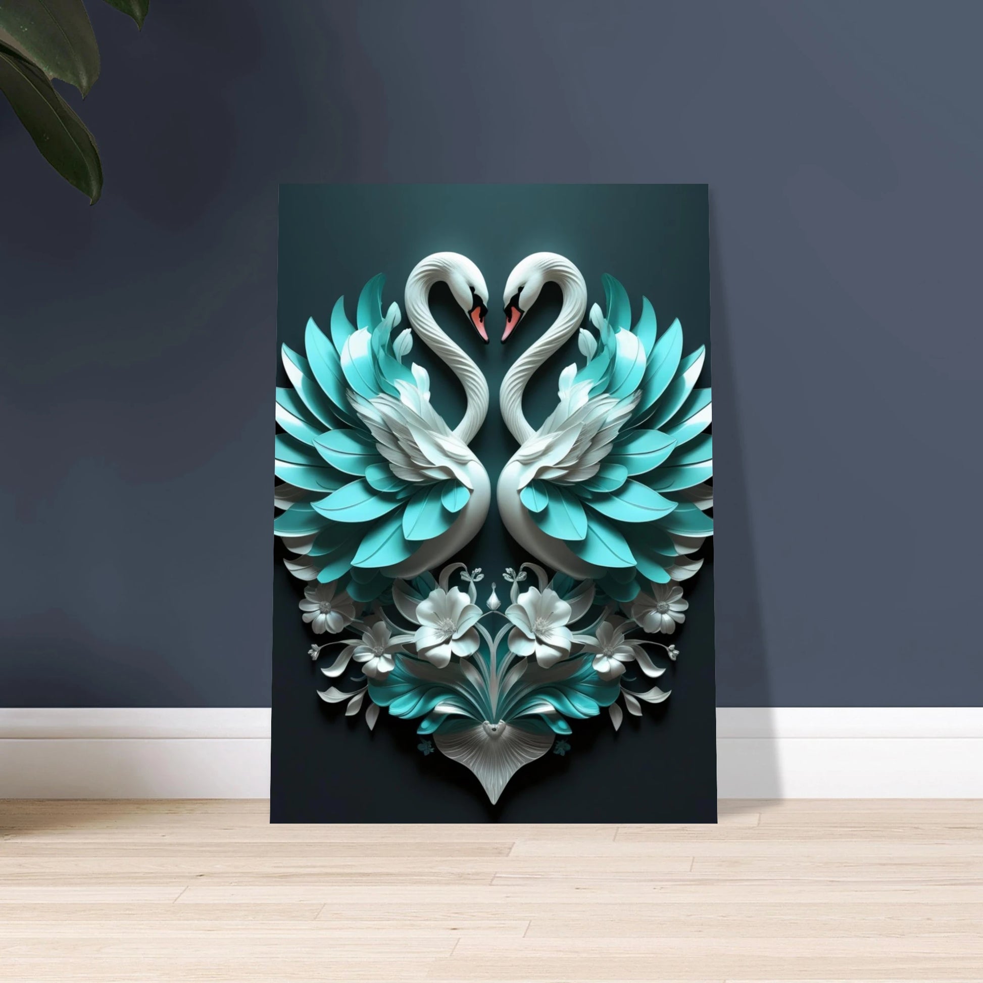 Svanar som bildar ett hjärta, elegant och symmetriskt djurmotiv med blommor.