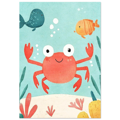 Illustration av en röd krabba under vatten med blå bakgrund