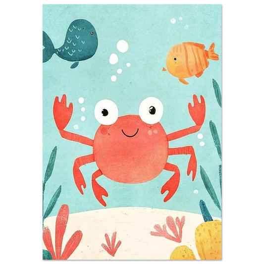 Illustration av en röd krabba under vatten med blå bakgrund