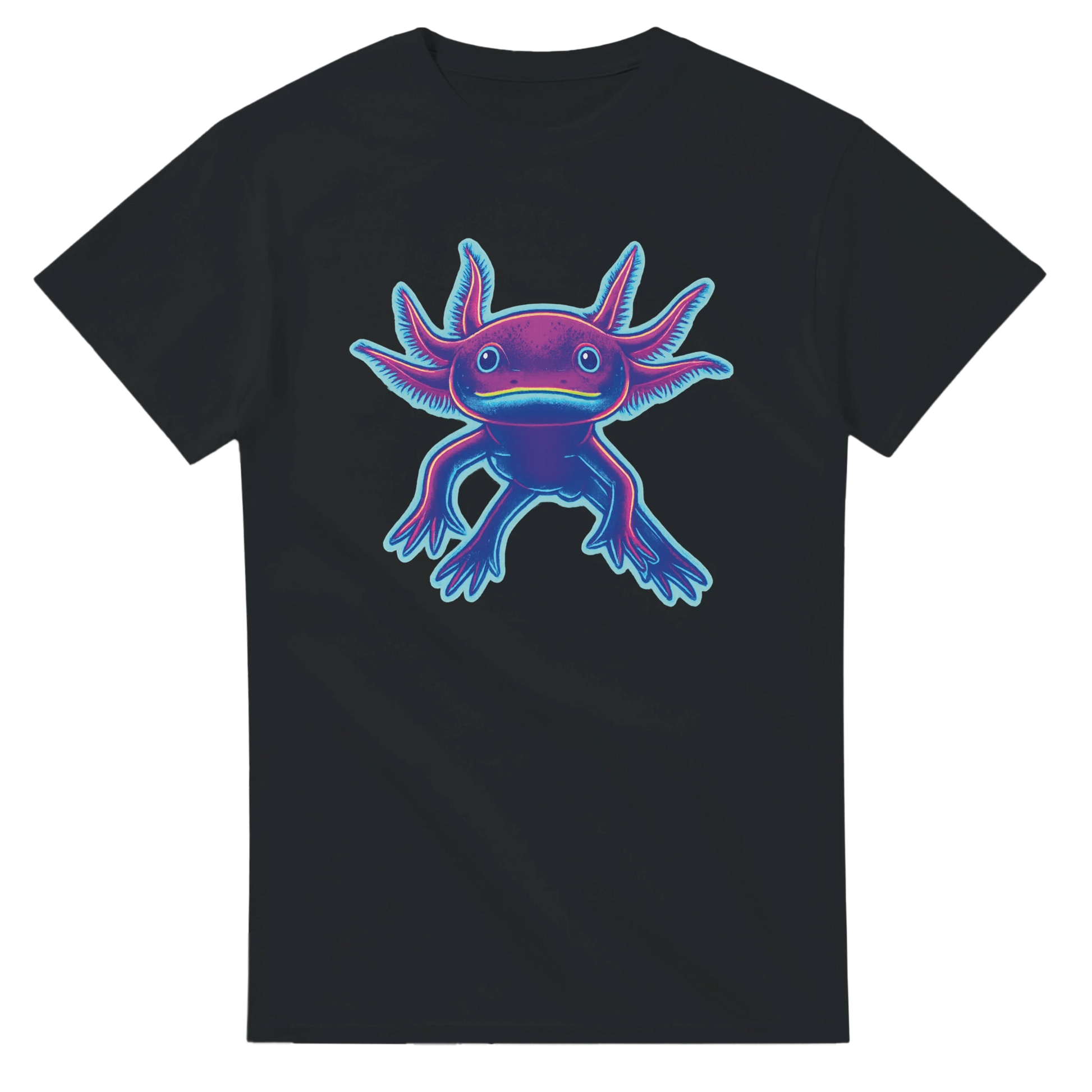 Grafisk illustration av en leende axolotl i neonfärger – retro t-shirt
