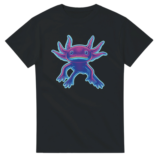 Svart T-shirt med ett neonfärgat, tecknat axolotl-motiv centrerat på framsidan – Tecknad T-shirt