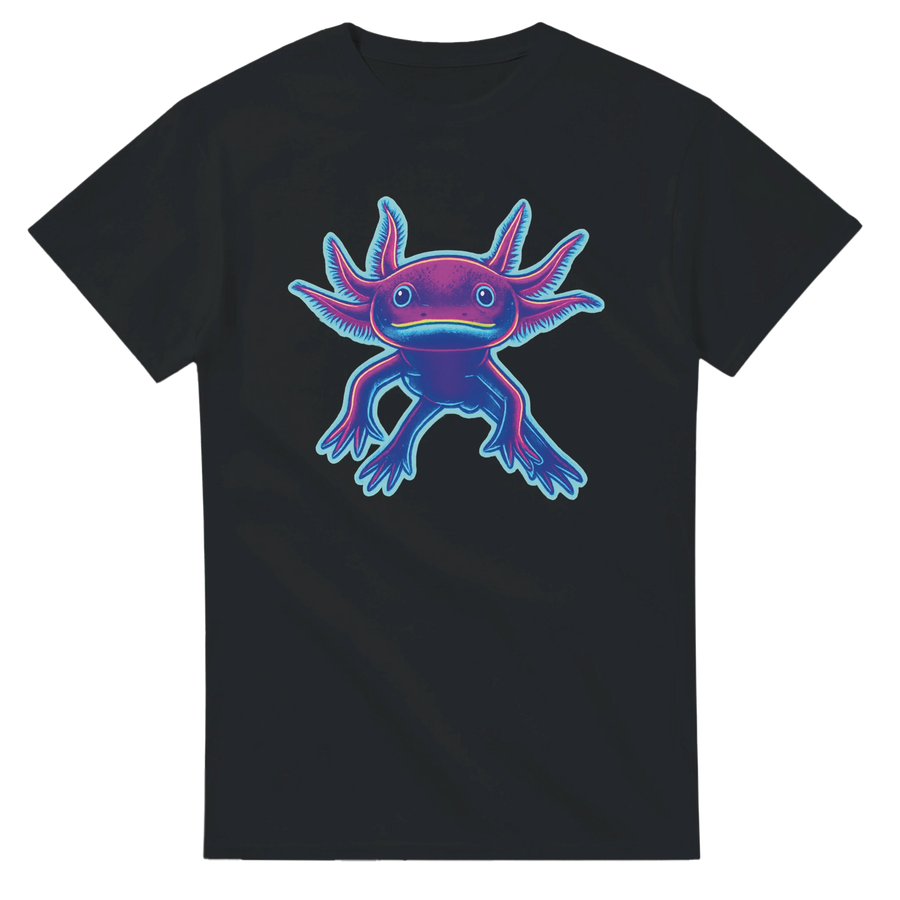 Grafisk illustration av en leende axolotl i neonfärger – retro t-shirt