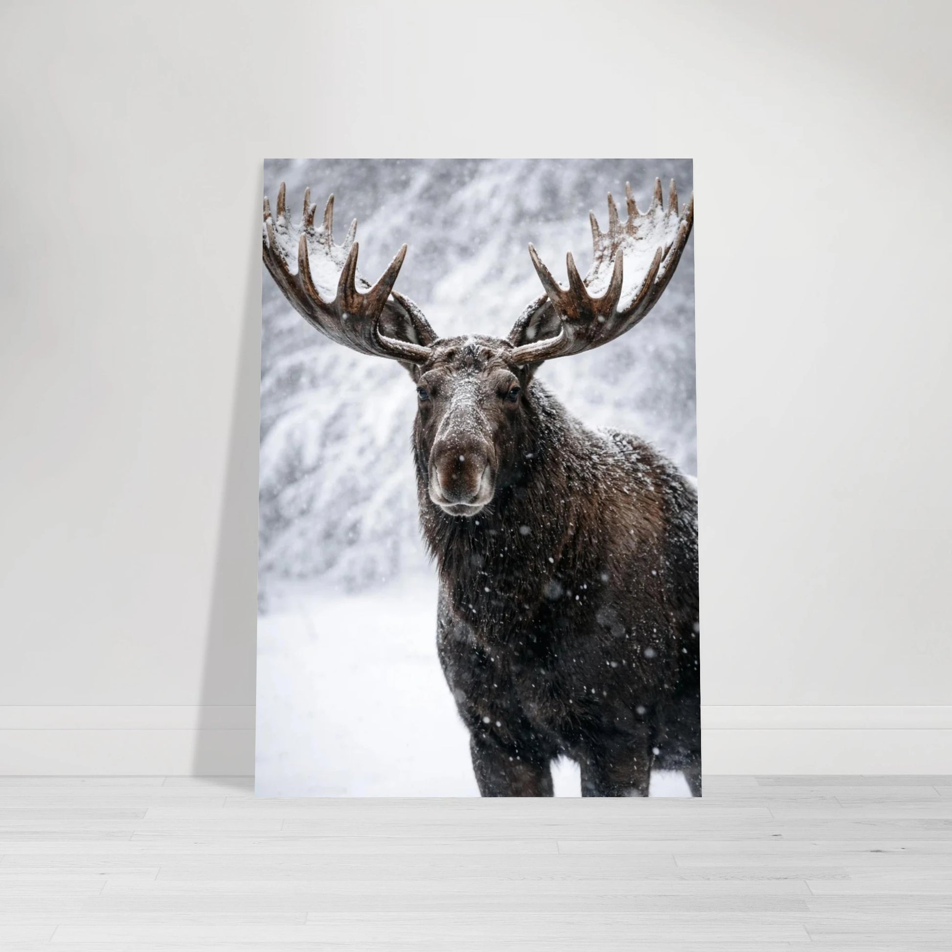 Konstnärligt porträtt av en vild älg i kalla toner – fotorealistisk poster