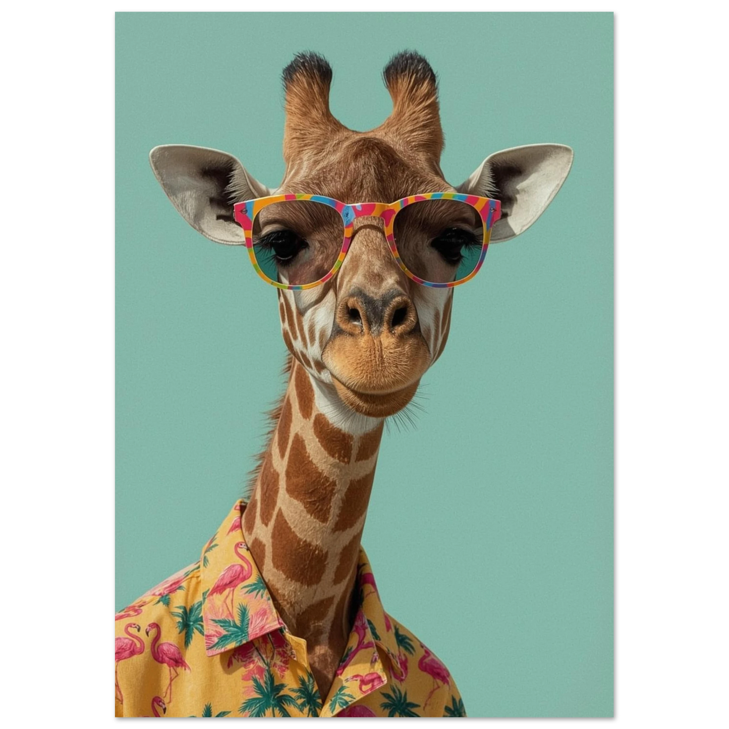 Karaktärsfull giraff i gul mönstrad skjorta och retrobågar, humoristiskt djurmotiv