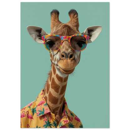 Karaktärsfull giraff i gul mönstrad skjorta och retrobågar, humoristiskt djurmotiv