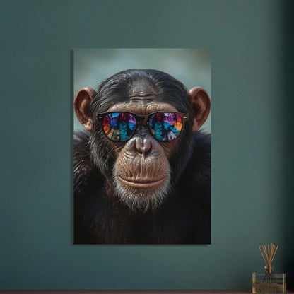 Schimpans med reflekterande solglasögon, cool och karismatisk djurposter.