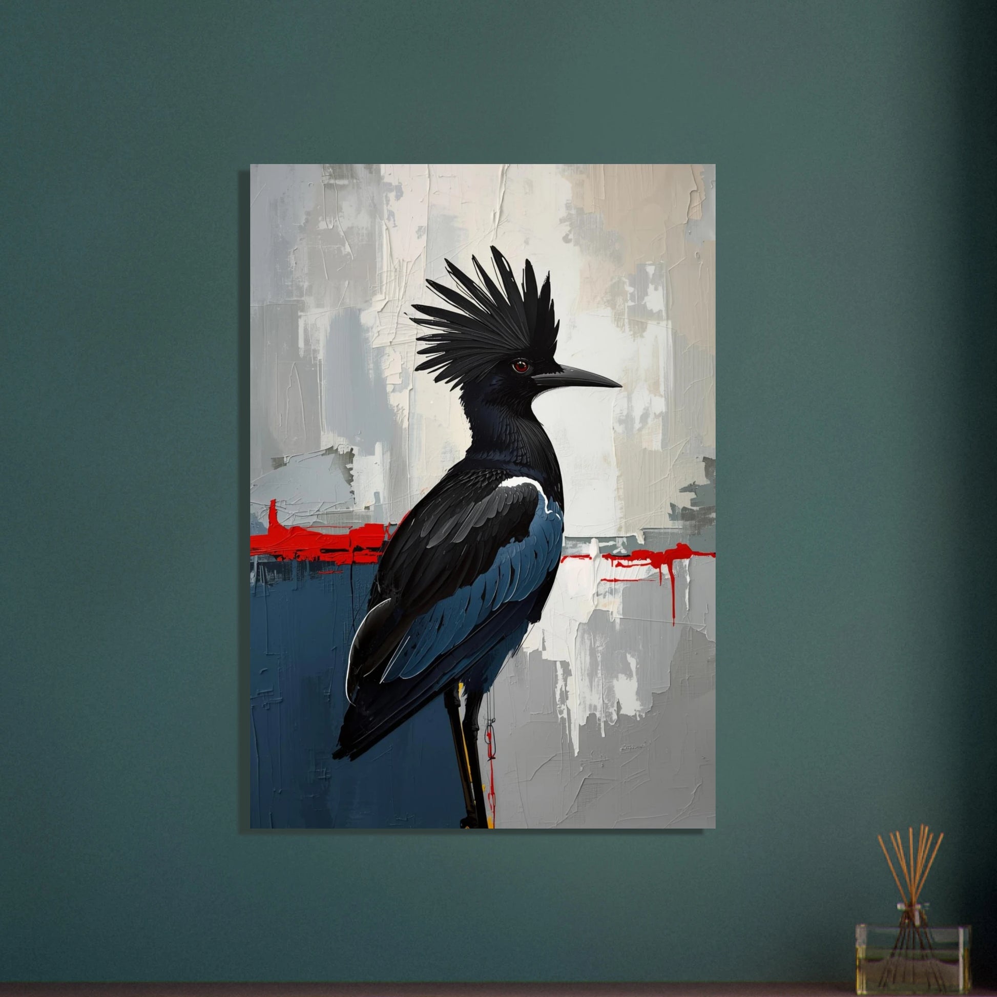 Sekreterarfågel i impasto oljemålning med abstrakt bakgrund, konstnärlig stämning.