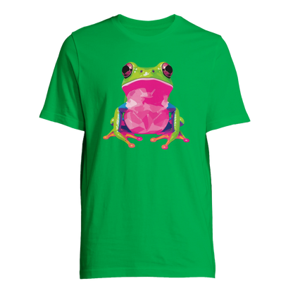 Färgstark groda motiv på grön T-shirt, framifrån – Tecknad T-shirt