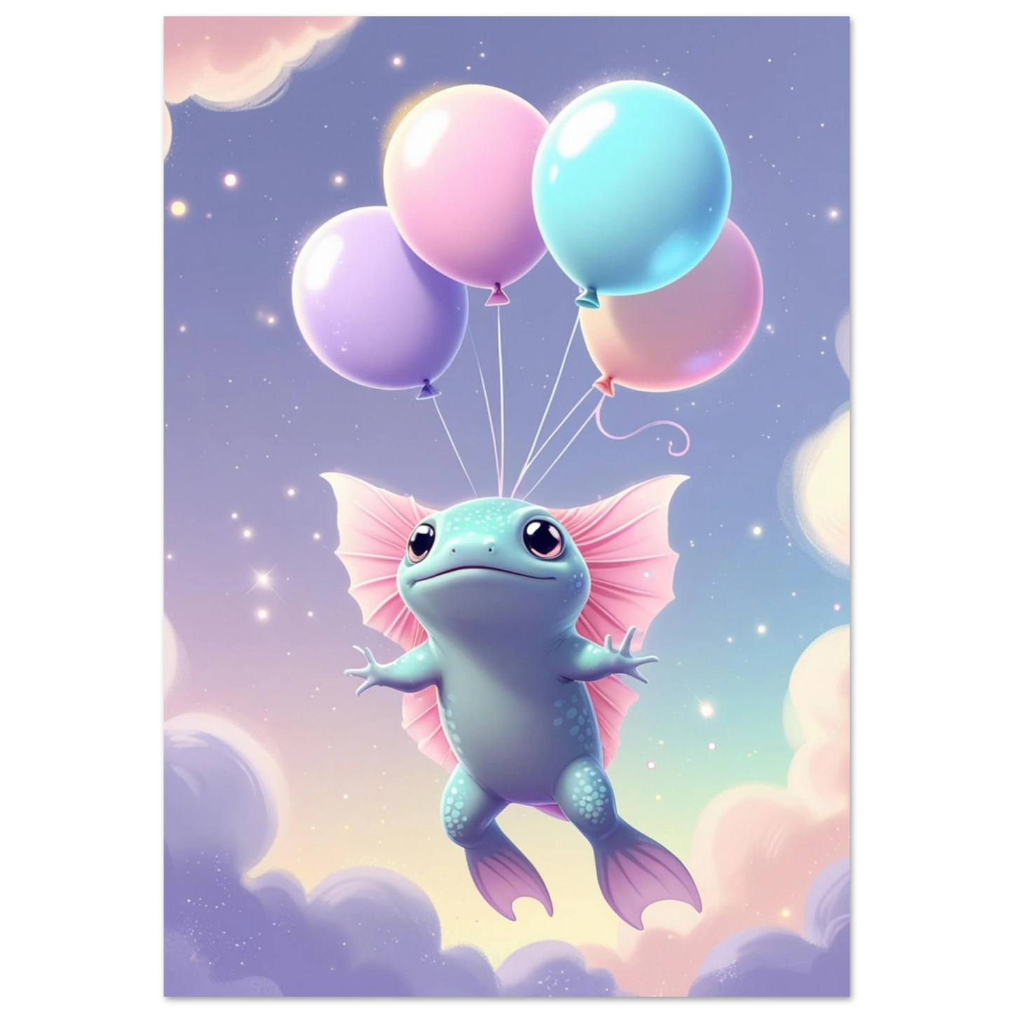 Ljusblå axolotl svävar med pastellfärgade ballonger i en stjärnklar lila himmel