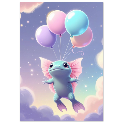 Ljusblå axolotl svävar med pastellfärgade ballonger i en stjärnklar lila himmel