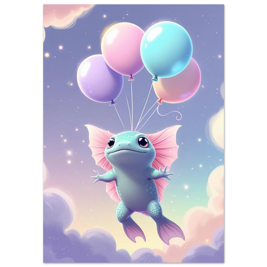 Ljusblå axolotl svävar med pastellfärgade ballonger i en stjärnklar lila himmel