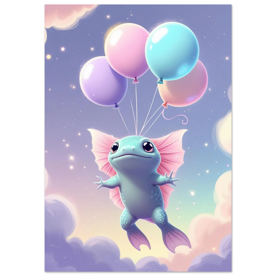Ljusblå axolotl svävar med pastellfärgade ballonger i en stjärnklar lila himmel