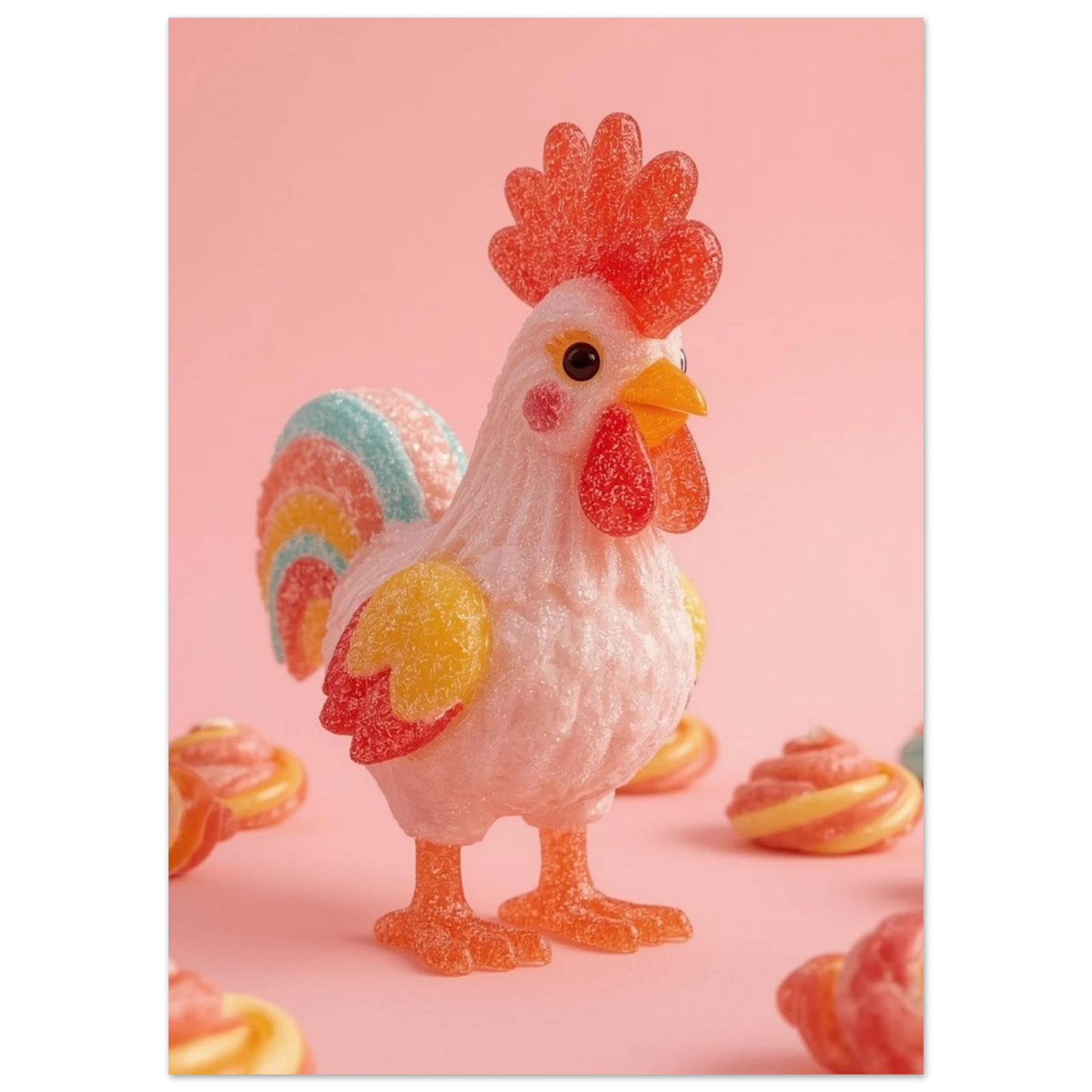 Närbild på en tuppfigur av gelégodis i pastellfärger – unik tavla
