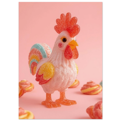 Närbild på en tuppfigur av gelégodis i pastellfärger – unik tavla