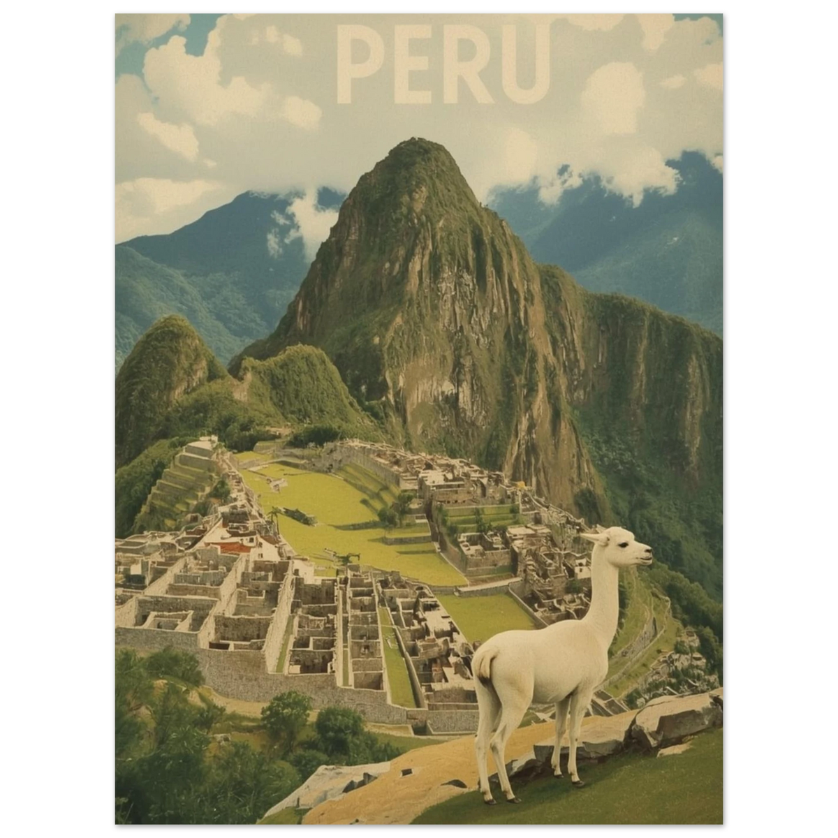 Vintage poster föreställande en lama vid Machu Picchu med svart tavelram