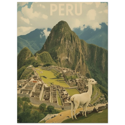 Vintage poster föreställande en lama vid Machu Picchu med svart tavelram