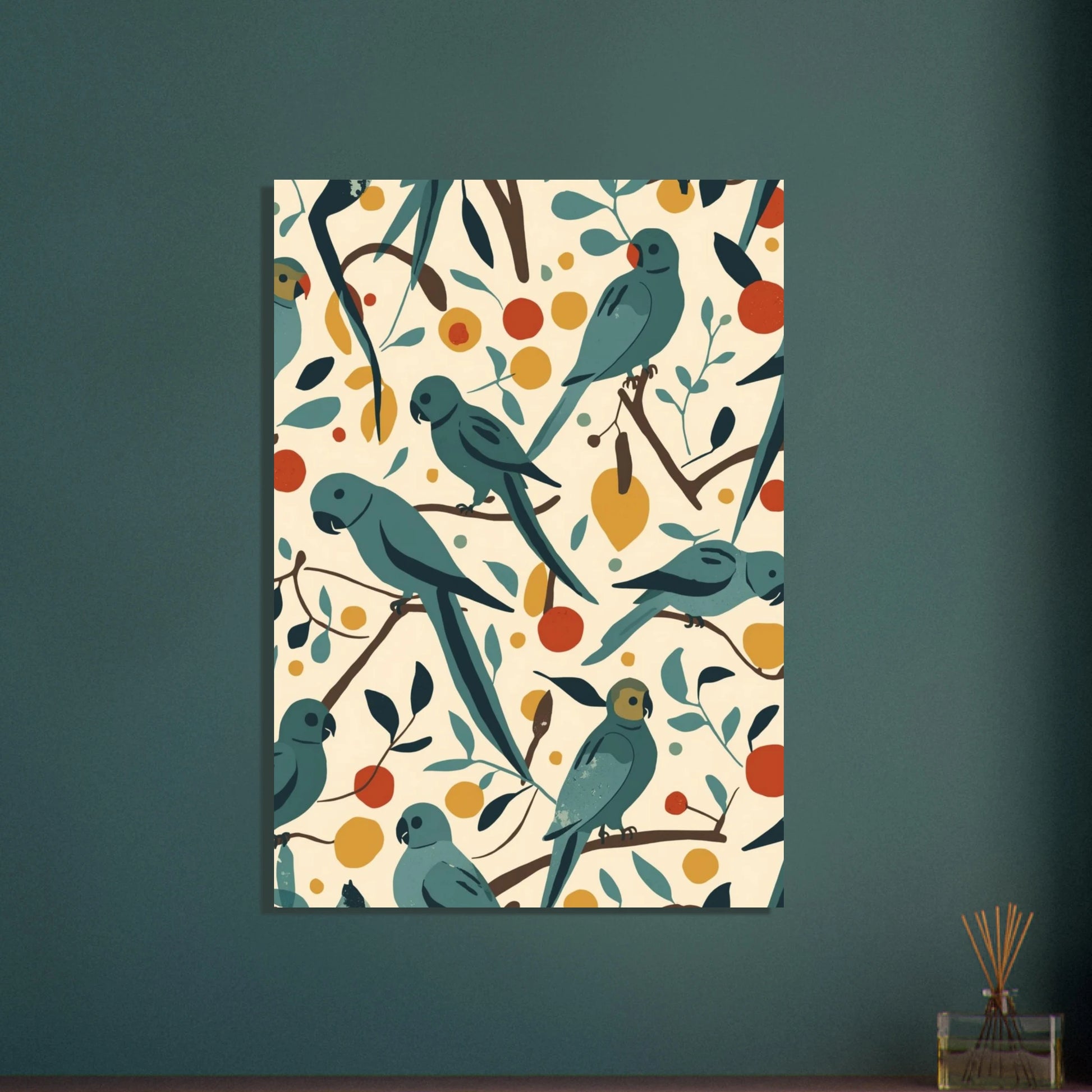 Papegojor i skandinavisk midcentury-stil, lekfullt mönster med fåglar och blad.