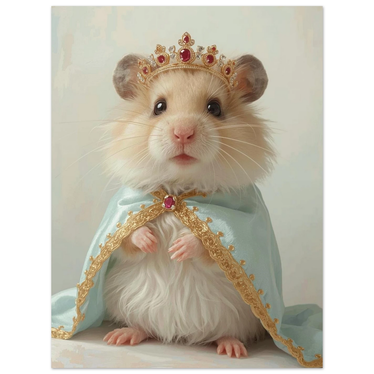 Söt hamster i aristokratisk stil med juvelprydd krona och mantel