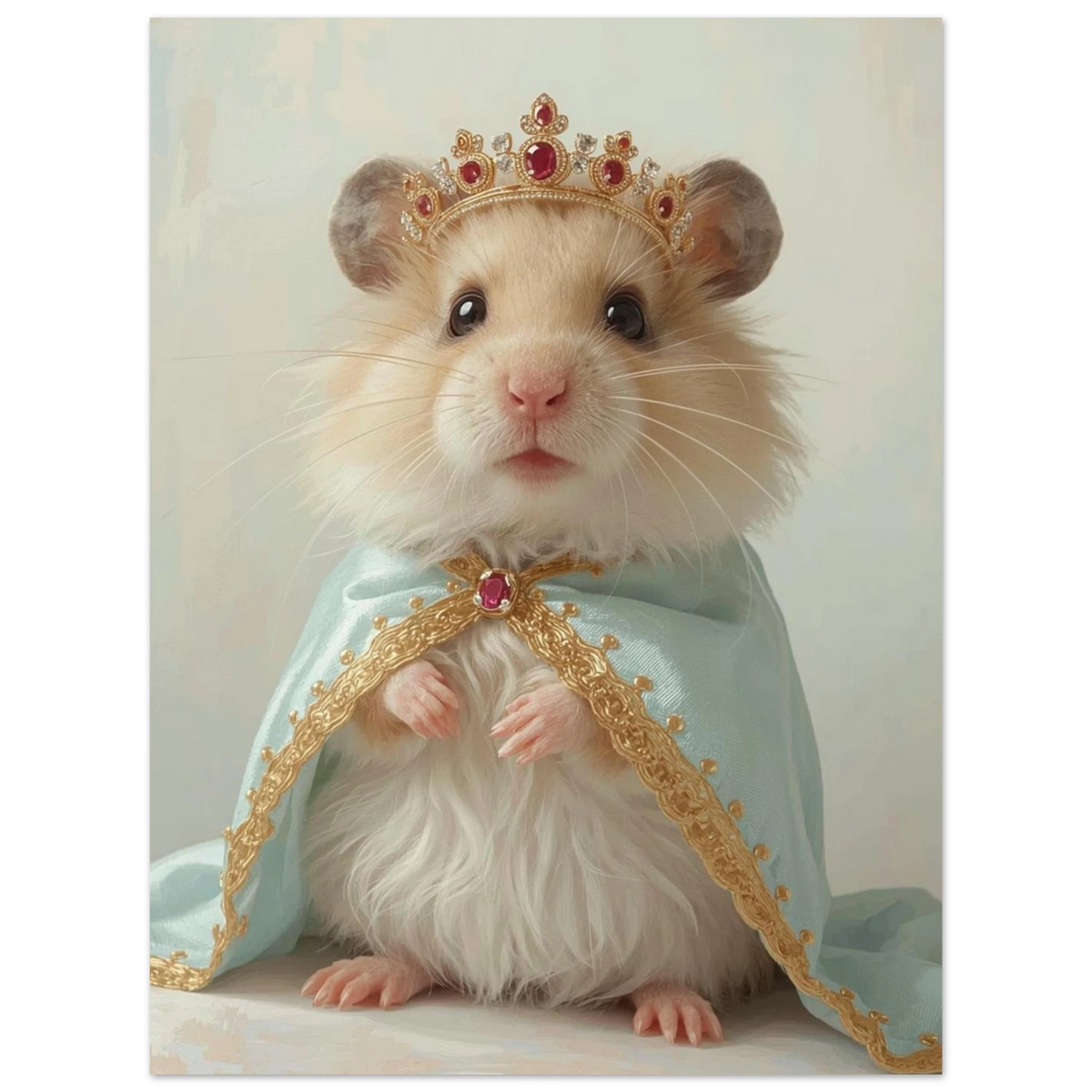 Söt hamster i aristokratisk stil med juvelprydd krona och mantel