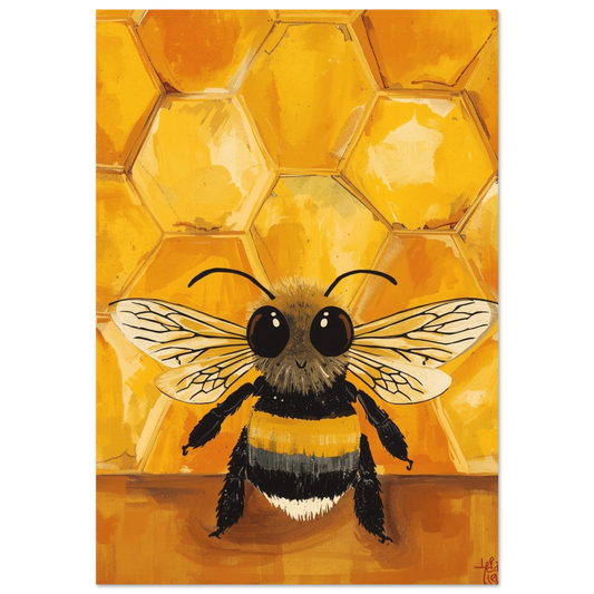 Söt humla med stora ögon framför honungskakor – gul barnposter